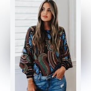 Vici Top Modest Round Neck Multicolor Blouse Long Sleeve Abstract Size Large